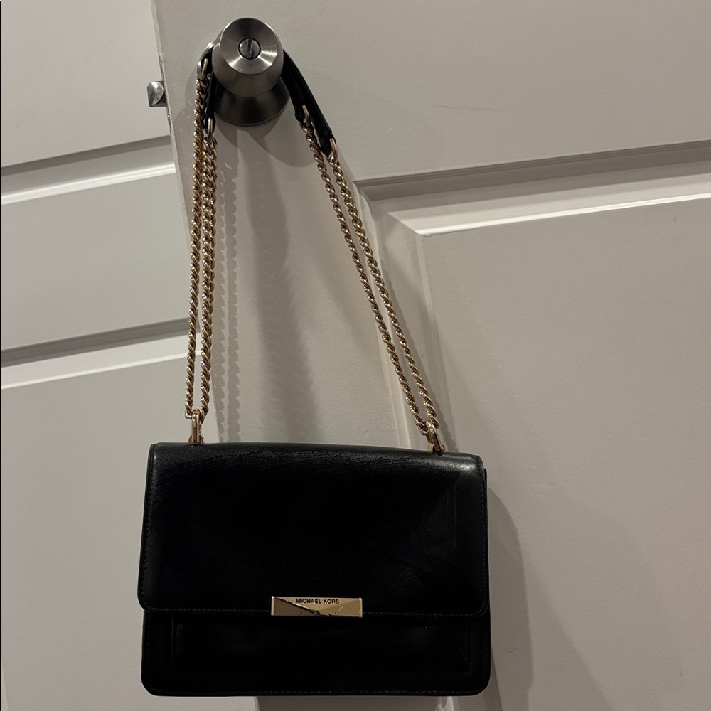 Michael Kors Black Leather Crossbody with Gold Chain
